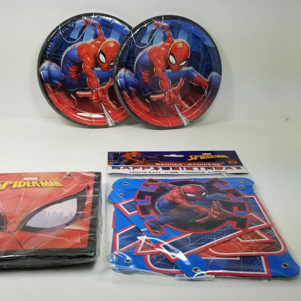 Spiderman party set includes napkins, cake plates and banner